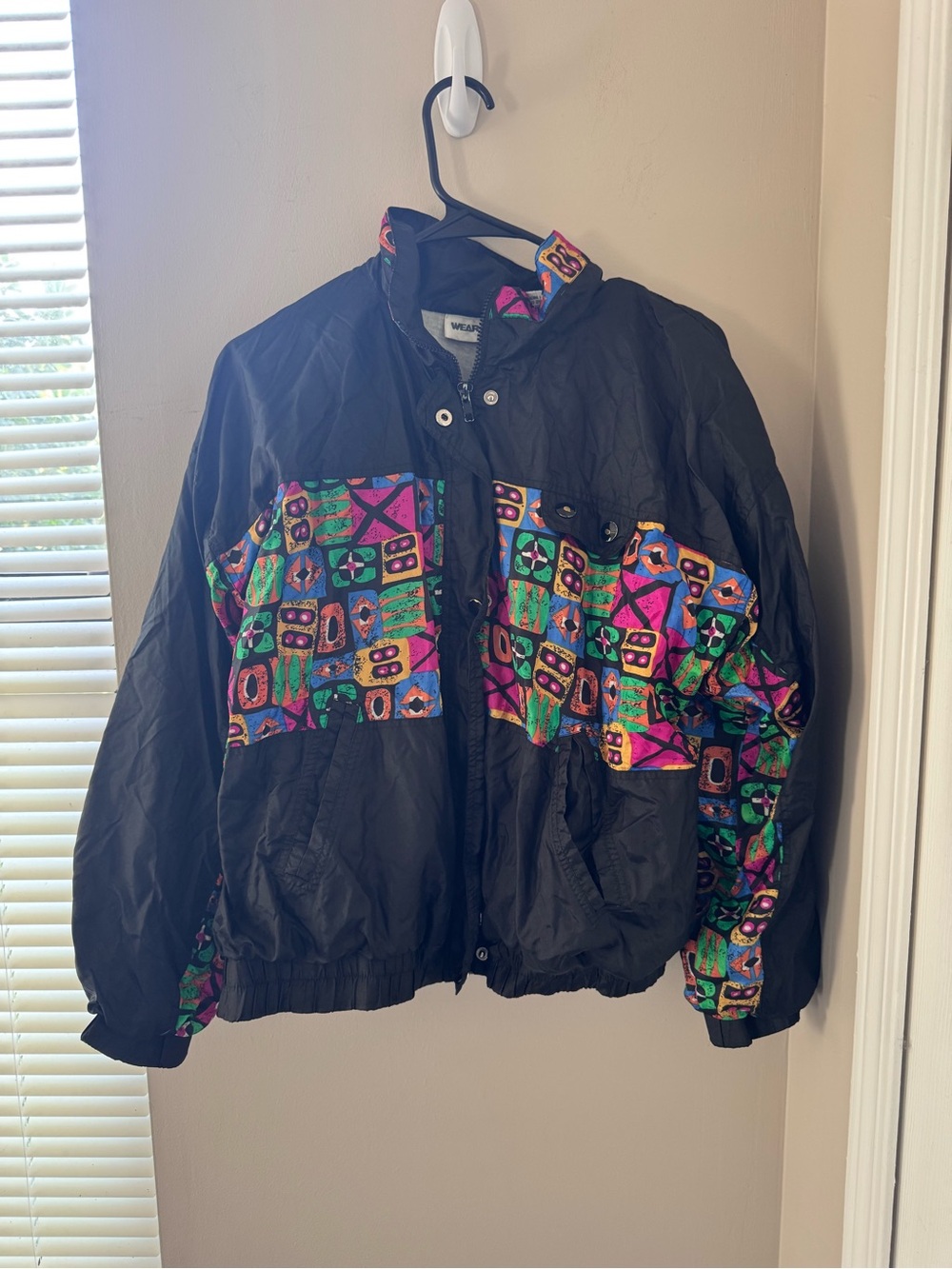 Vintage 90s Wear & Be Seen Geometric Windbreaker Jacket Black Neon L